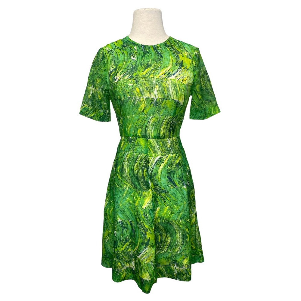 Vtg‎ Green Fit & Flare Dress Small Med Short Sleeve Marbled  Watercolor Mod